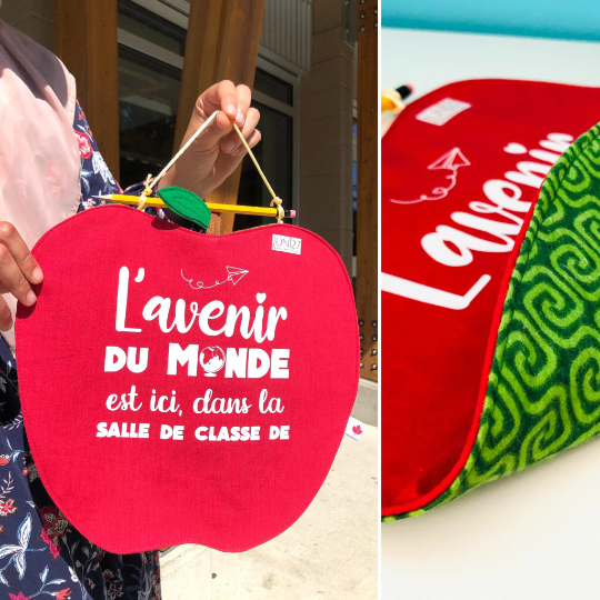 L’ avenir du monde est ici, dans la salle de classe de.....• Handmade French Classroom Fabric Banner• Red Apple Sign • French Teacher Sign