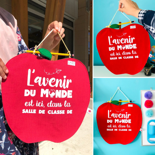 L’ avenir du monde est ici, dans la salle de classe de.....• Handmade French Classroom Fabric Banner• Red Apple Sign • French Teacher Sign